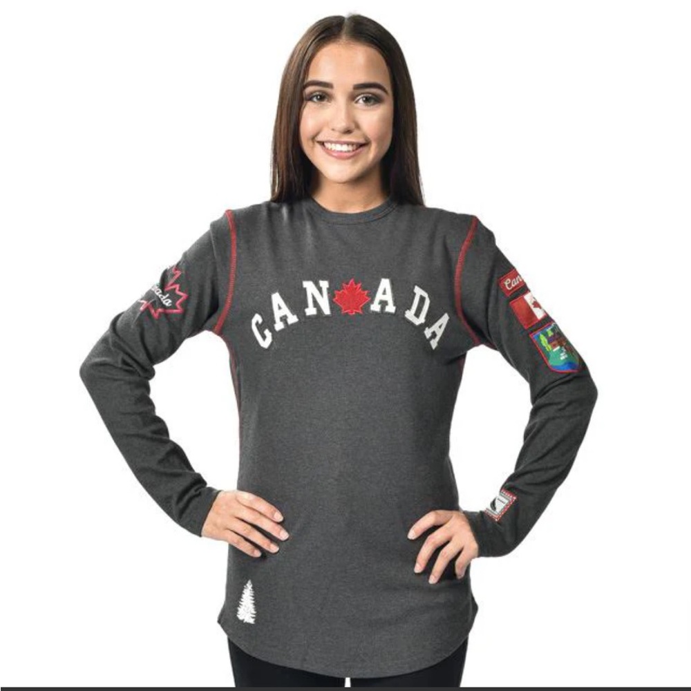 Vintage Canada Gray Long Sleeve Sweatshirt Patches Casual Outdoor Travel Athlete